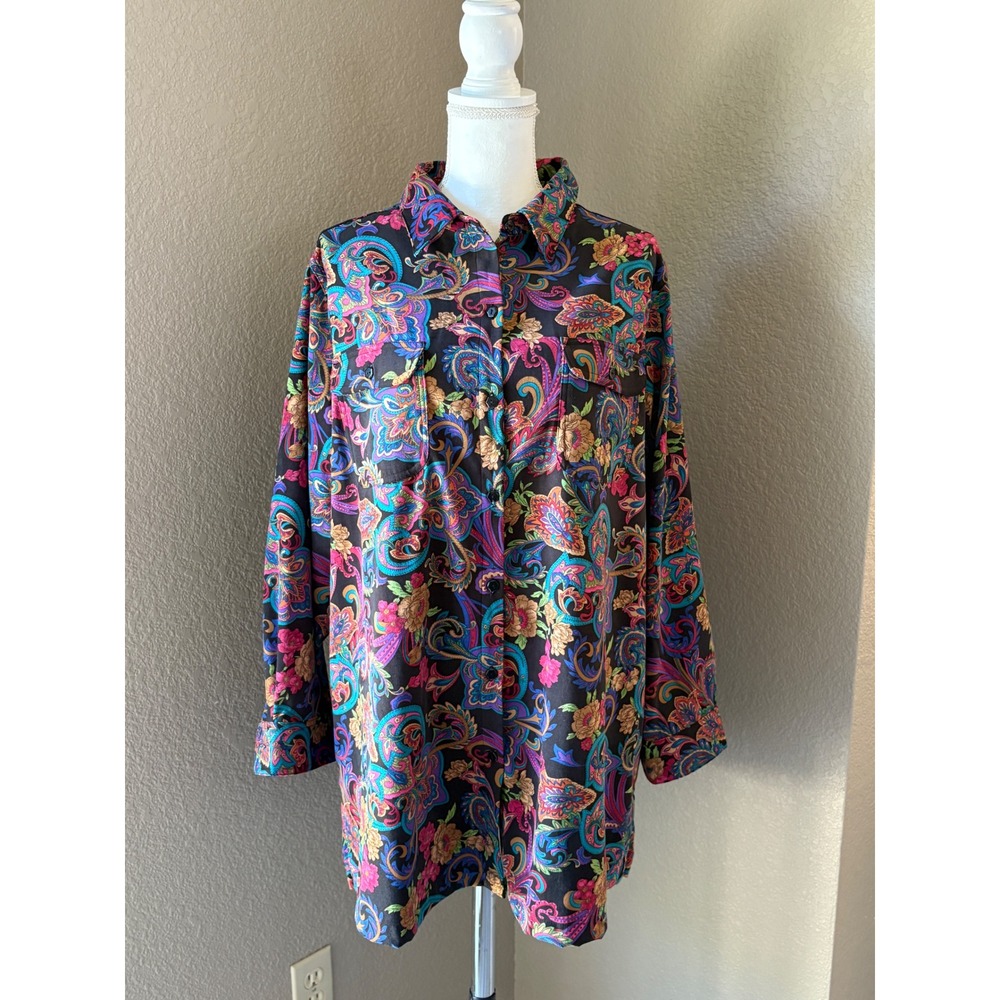 Roaman's Women Large Paisley Floral Button Down Tunic Shirt Multicolor